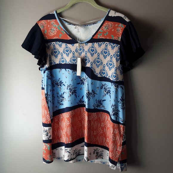 Cupio Top | Blue Tan Orange Floral | New! Small - Picture 2 of 14